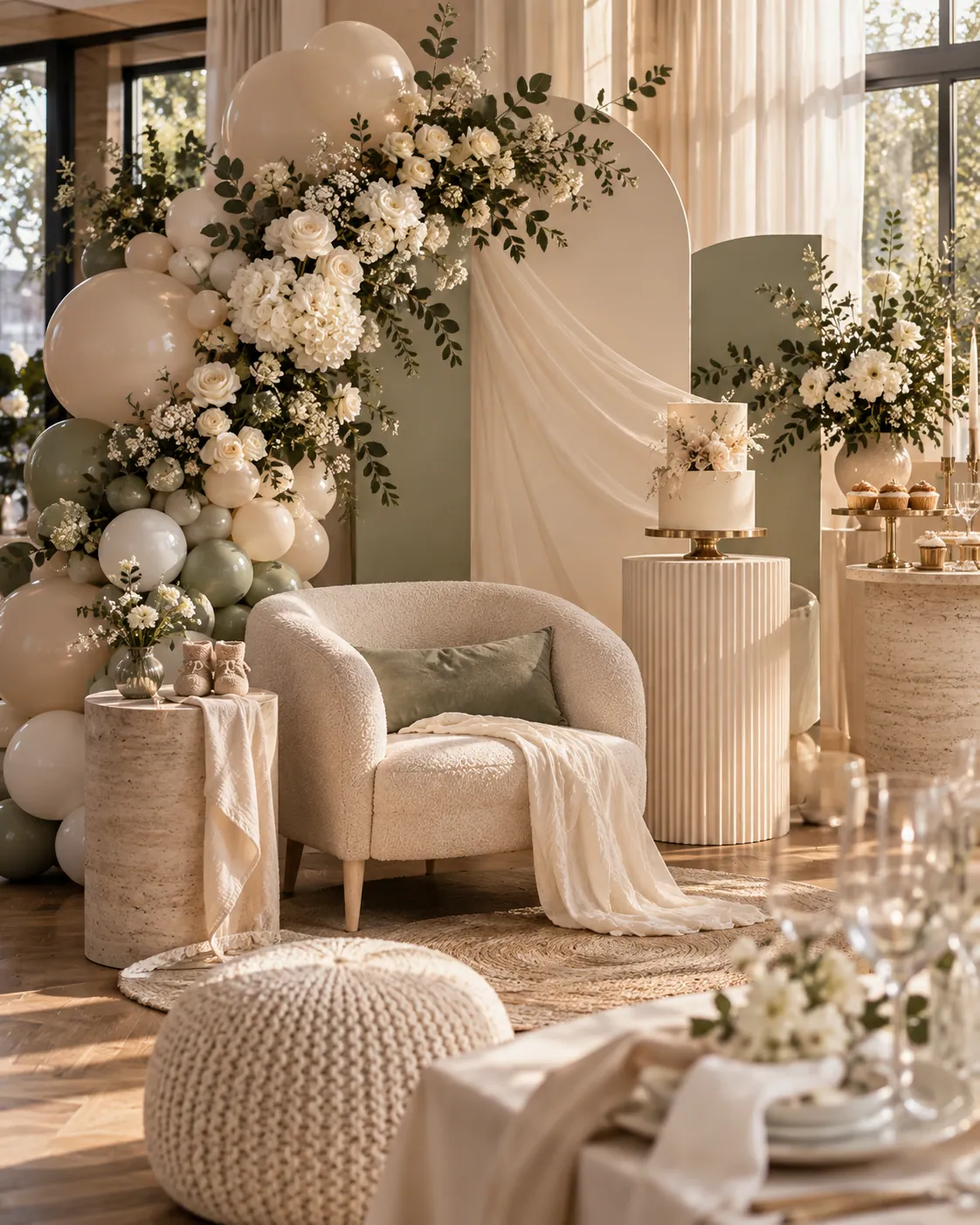 Dekoracja na baby shower — pastelowe balony i kwiatowe akcenty